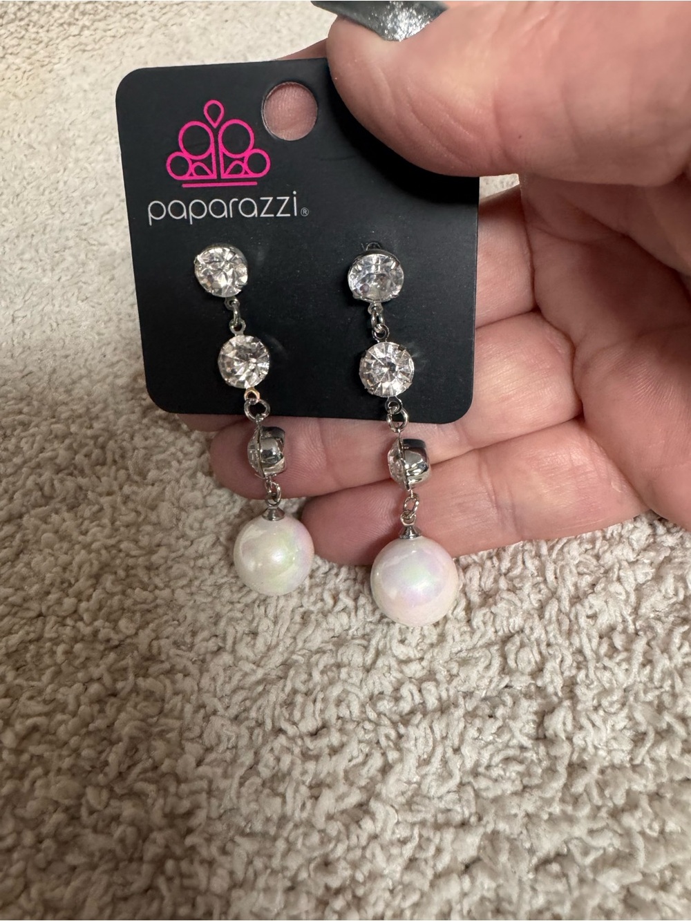 Paparazzi Iridescent White Pearl Drop Earrings with Crystal Chain